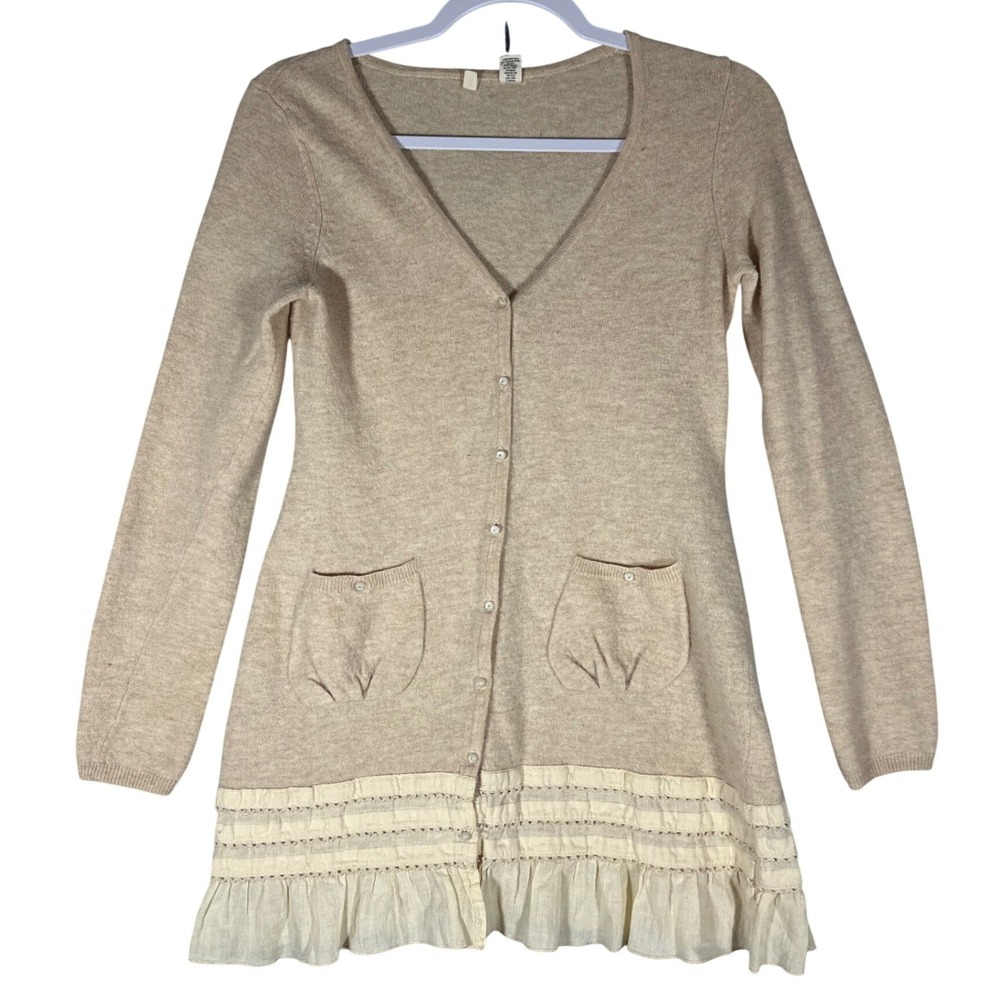Moth Anthropologie Wool Blend Ruffle Hem Cardigan Sweater Sz M Shabby Chic Fairy